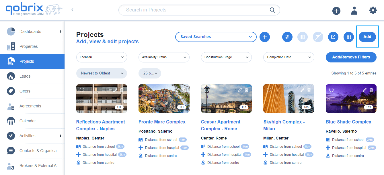 adding a project in Qobrix real estate crm