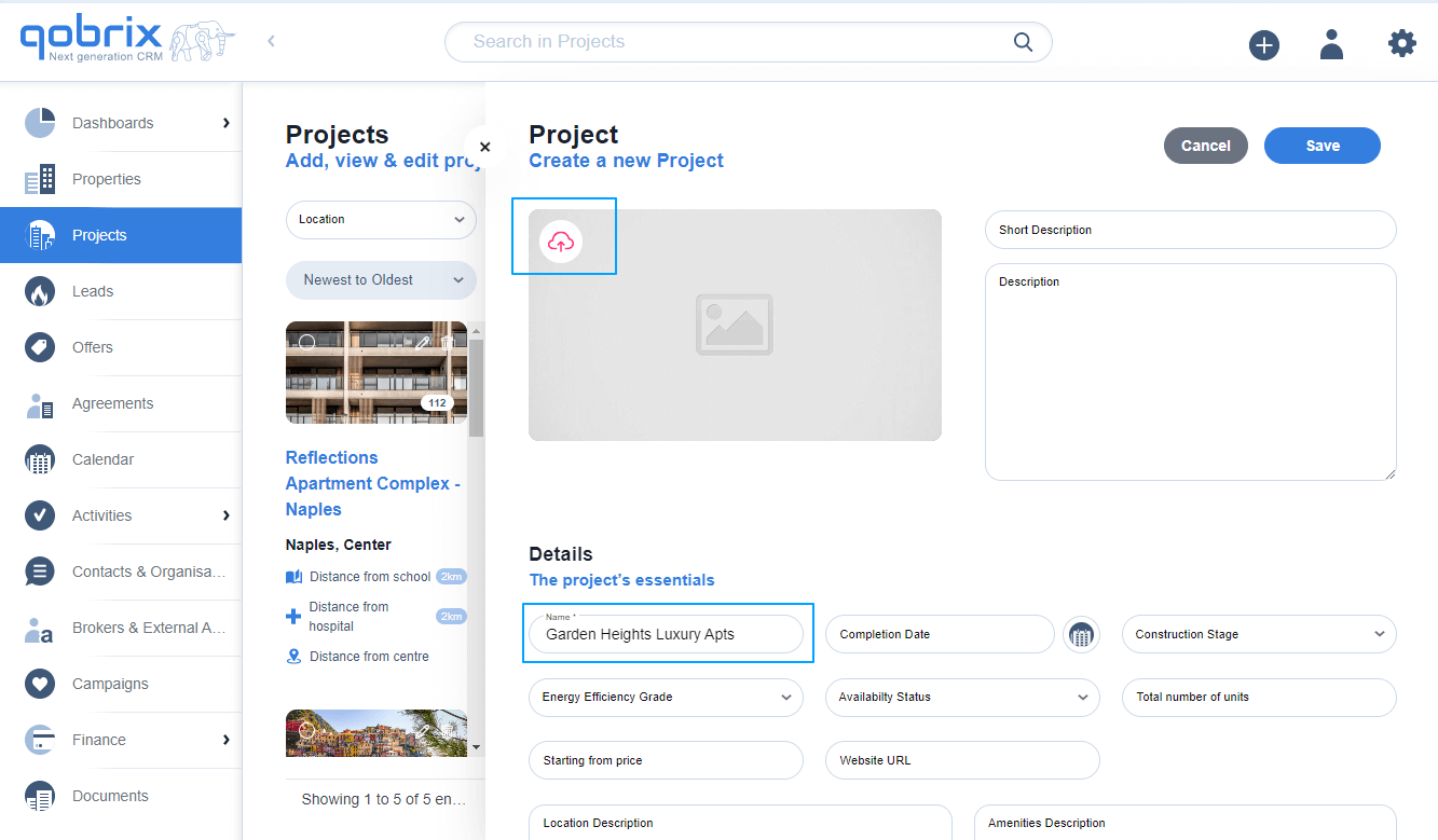 Add new project details in Qobrix CRM