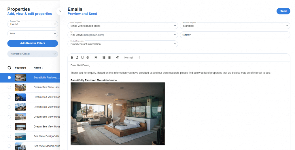 How to send email from the Properties module