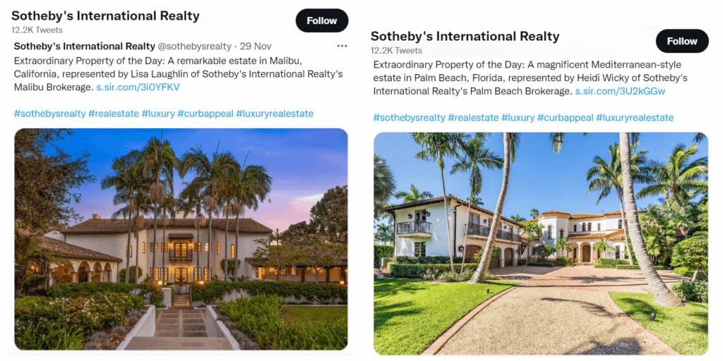 Examples of real estate hashtags on Twitter.